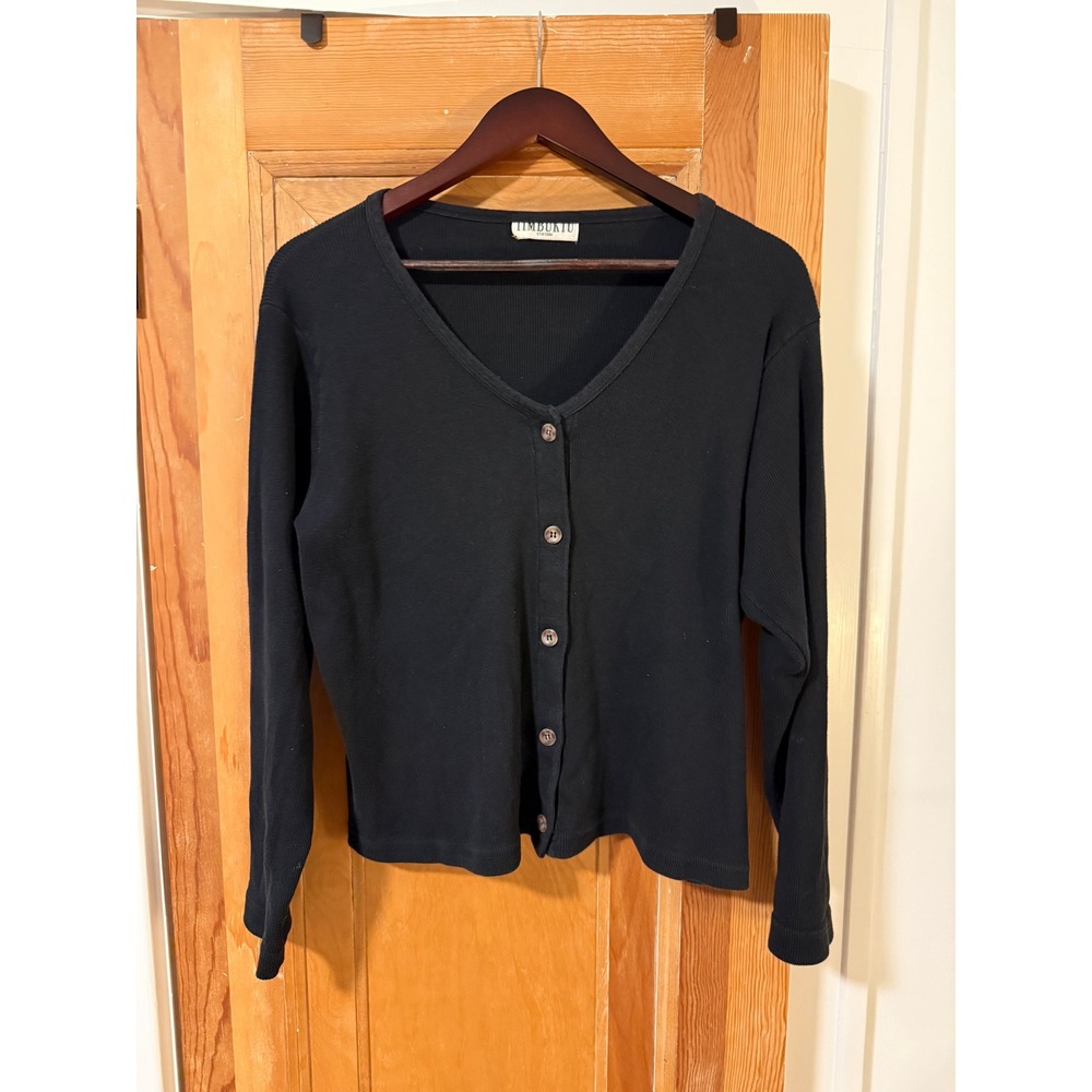 Vintage Timbuktu Station Black Ribbed Knit V-Neck Button Front Cardigan Top